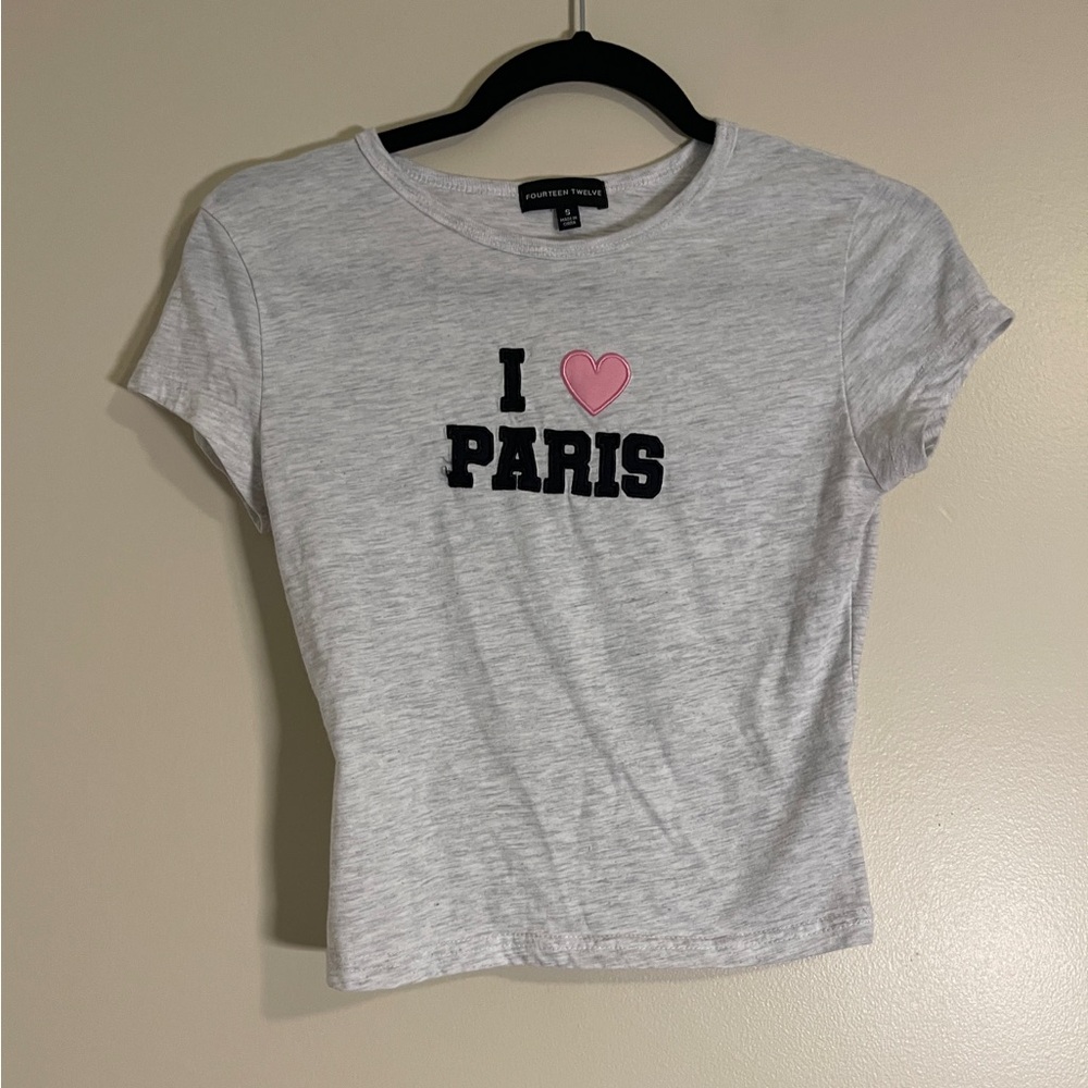 Fourteen Twelve Crop Top Juniors Size Small Gray I love Paris Embroidered Tee